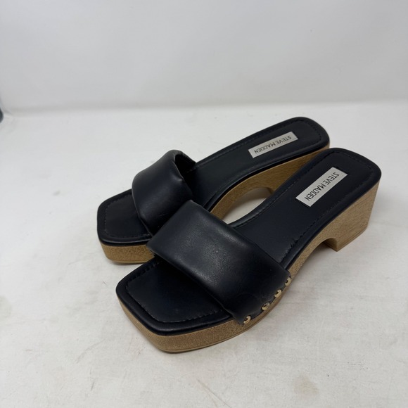 Steve Madden Shoes - Steve Madden Black Leather Padded Square Toe Platform Slide Sandals Size 8